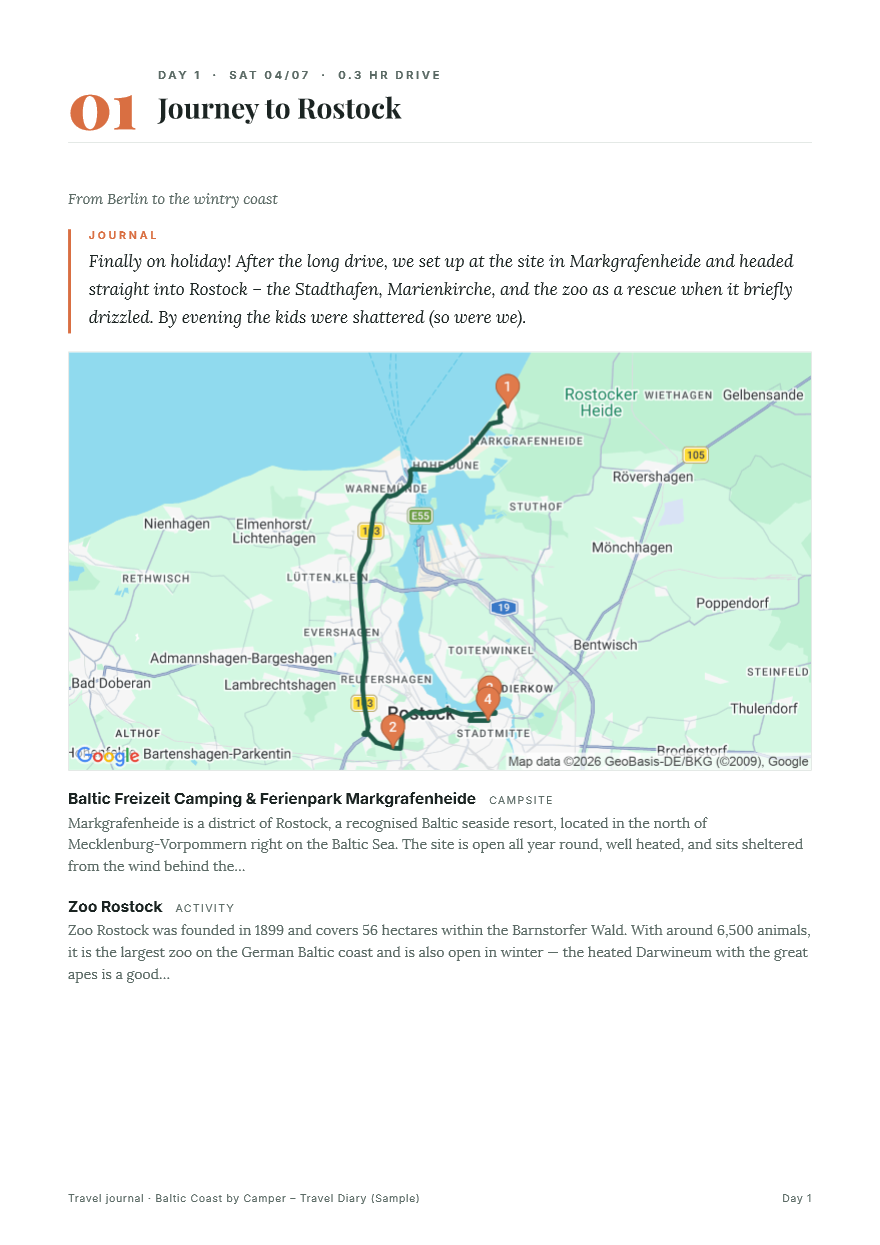 A page from the Wegweit photo book: day 2 in Warnemünde with the diary entry, the map of the leg and the stops of that day