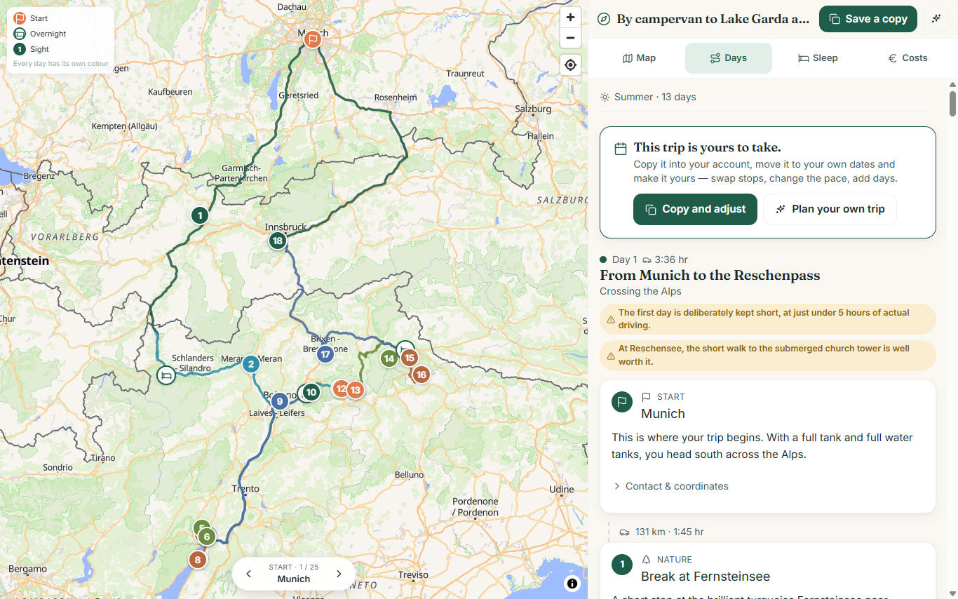 Wegweit on the desktop: a large map on the left with the campervan round trip over the Alps to Lake Garda, the day-by-day view with the stops on the right