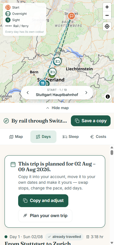 Wegweit also plans a rail trip through Switzerland, with dashed rail connections on the map