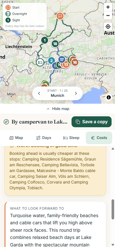 The cost overview in Wegweit with the estimated total plus diesel, accommodation and activity costs for a campervan trip