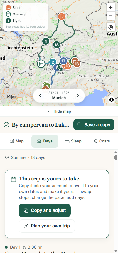 Wegweit on a phone: the map with the campervan route over the Alps and the day-by-day timeline