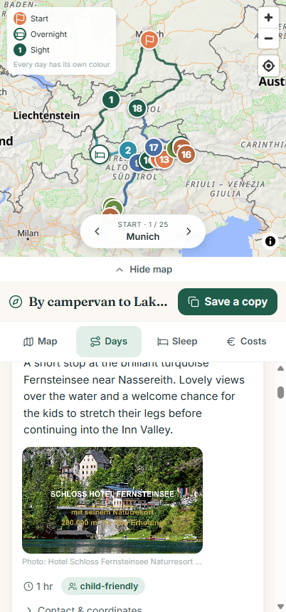 A stop in Wegweit: a campsite with real photos, the price per night and a note that it is family-friendly