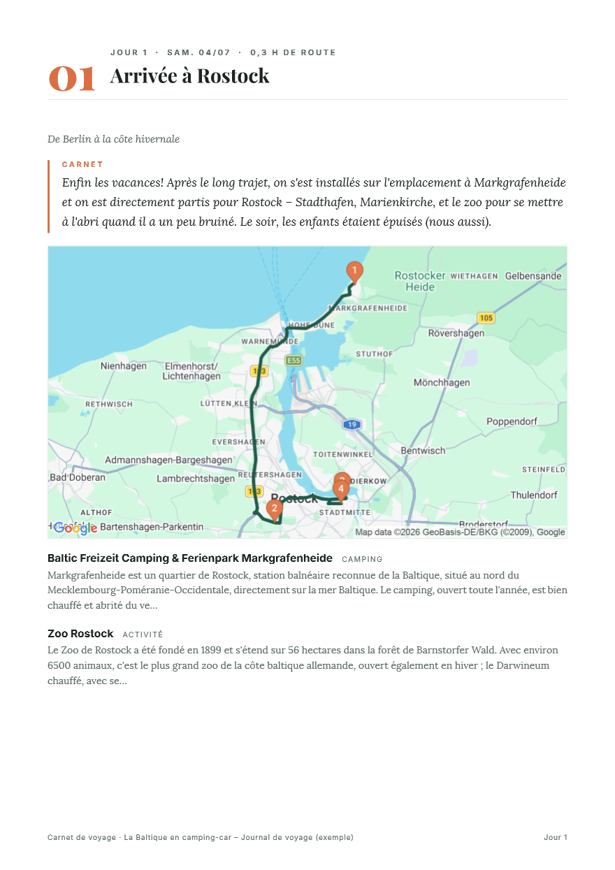 Page du livre photo Wegweit : jour 2 Warnemünde avec l’entrée du carnet, la carte de l’étape et les points du jour