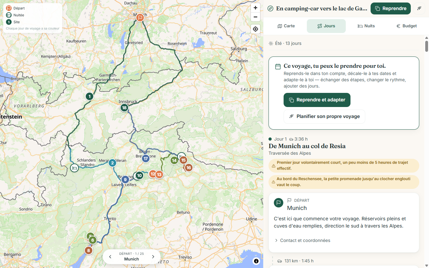 Wegweit sur ordinateur : grande carte à gauche avec la boucle en van par les Alpes jusqu’au lac de Garde, vue jour par jour avec les étapes à droite