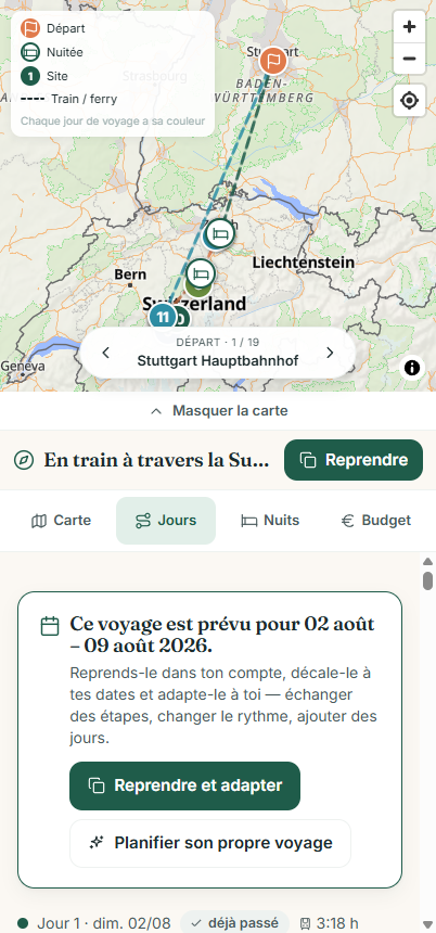 Wegweit prépare aussi un voyage en train à travers la Suisse, avec les liaisons ferroviaires en pointillés sur la carte