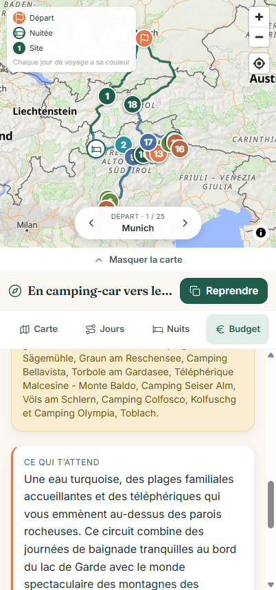 Aperçu du budget dans Wegweit avec le coût total estimé ainsi que les frais de gazole, d’hébergement et d’activités pour un voyage en van