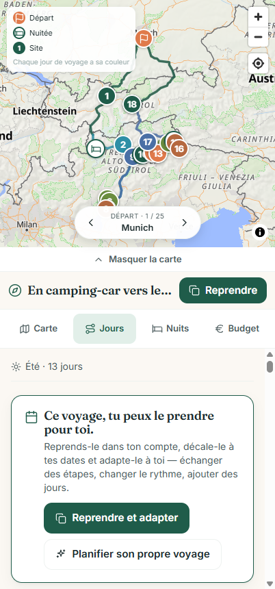 Wegweit sur téléphone : carte avec l’itinéraire en van par les Alpes et la frise jour par jour