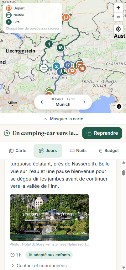 Détail d’une étape dans Wegweit : camping avec de vraies photos, prix par nuit et mention adapté aux enfants