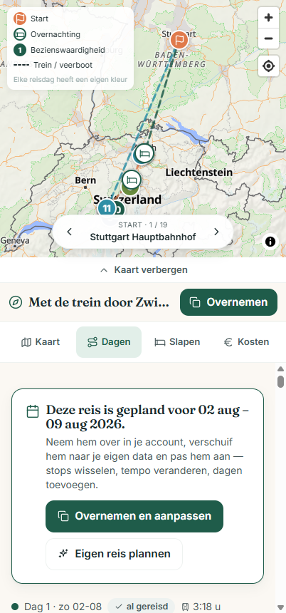 Wegweit plant ook een treinreis door Zwitserland, met gestippelde spoorverbindingen op de kaart