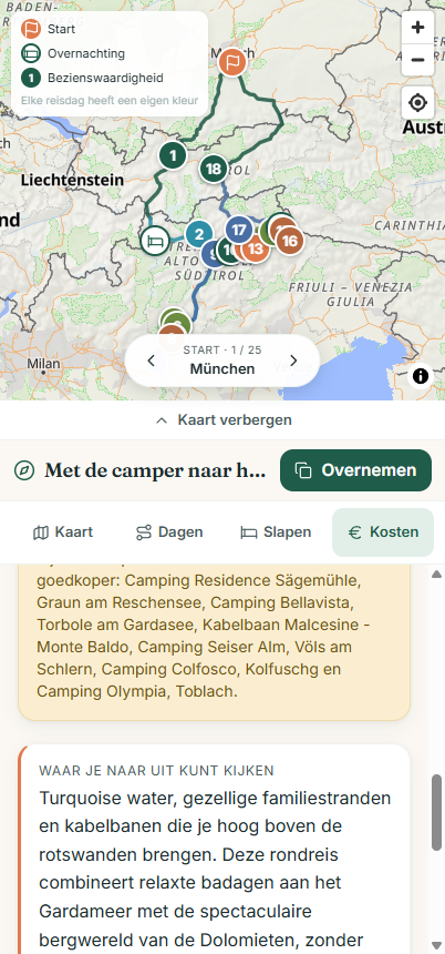 Kostenoverzicht in Wegweit met de geraamde totale kosten en de kosten voor diesel, overnachtingen en activiteiten van een camperreis