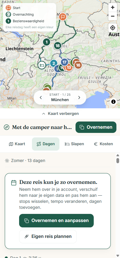 Wegweit op de telefoon: kaart met de camperroute over de Alpen en de dag-voor-dag-tijdlijn