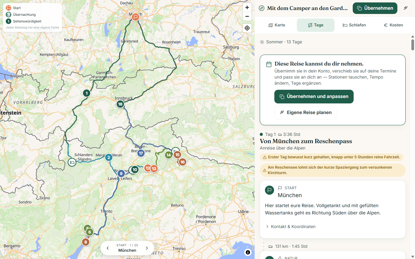 Wegweit am Desktop: große Karte mit der Camper-Rundreise über die Alpen zum Gardasee links, Tag-für-Tag-Ansicht mit Stationen rechts