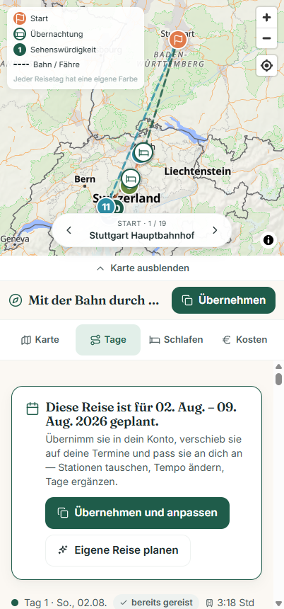 Wegweit plant auch eine Bahnreise durch die Schweiz mit gestrichelten Schienenverbindungen auf der Karte