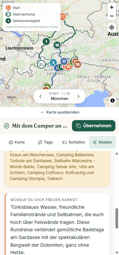 Kostenübersicht in Wegweit mit geschätzten Gesamtkosten sowie Diesel-, Unterkunfts- und Aktivitätskosten für eine Camper-Reise