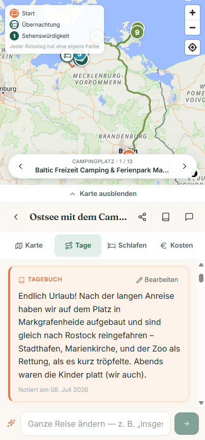 Reisetagebuch in Wegweit: die Station Warnemünde Strand mit persönlicher Notiz und Foto in der Tag-für-Tag-Ansicht