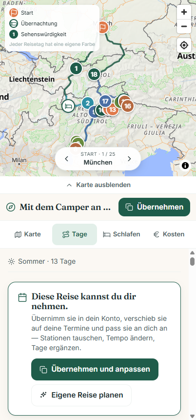 Wegweit am Handy: Karte mit der Camper-Route über die Alpen und der Tag-für-Tag-Timeline