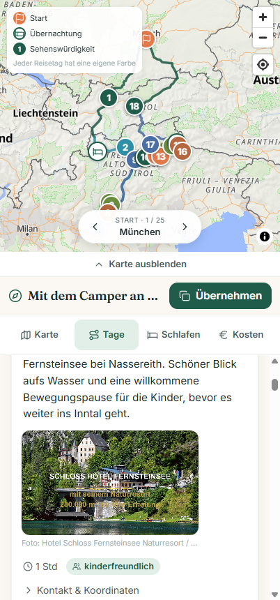 Stationsdetail in Wegweit: Campingplatz mit echten Fotos, Preis pro Nacht und Hinweis kinderfreundlich